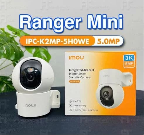 Camera IMOU Wifi 5.0MP IPC-K2MP-5H1WE (Mini, Xoay, Color, Đàm thoại), H.265; hồng ngoại/ánh sáng vàng: 10m; Zoom số 8x, 20fps; phát hiện người, âm thanh bất thường, chuyển động, cấu hình khu vực, Smart Tracking; thẻ nhớ Micro SD; Tích hợp WiFi 6 (IEEE802.11b/g/n/ax), hỗ trợ ONVIF, LAN