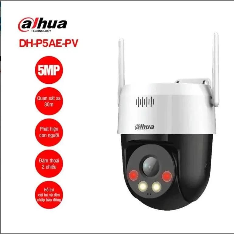 Camera PTZ Wifi 5MP Dahua DH-P5AE-PV, Len 4mm, Color, Led + Hồng ngoại 30m, đàm thoại hai chiều, còi hú và đèn chớp báo động