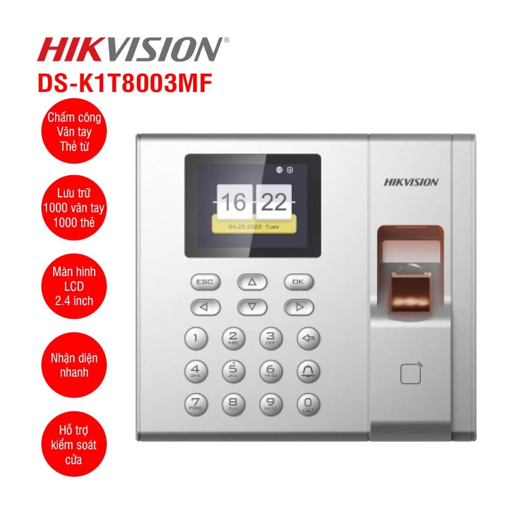 DS-K1T8003MF (HIKVISION) Máy chấm công 1.000 vân tay, 1.000 thẻ từ, 1.000 users; TCP-IP 10/100Mbps + Ehome