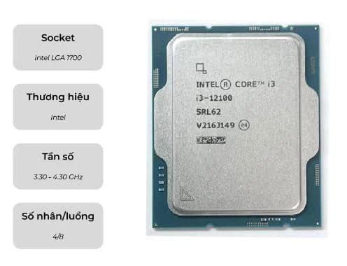 CPU SK 1700 Intel Core I3-12100 Tray (3.3GHz Up To 4.3GHz, 4 Nhân, 8 Luồng, 12MB, 60W Up To 89W)
