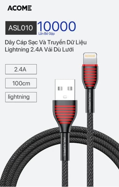 CÁP SẠC ACOME ASL010 IPHONE - 2.4A - 100cm *** BH 1T