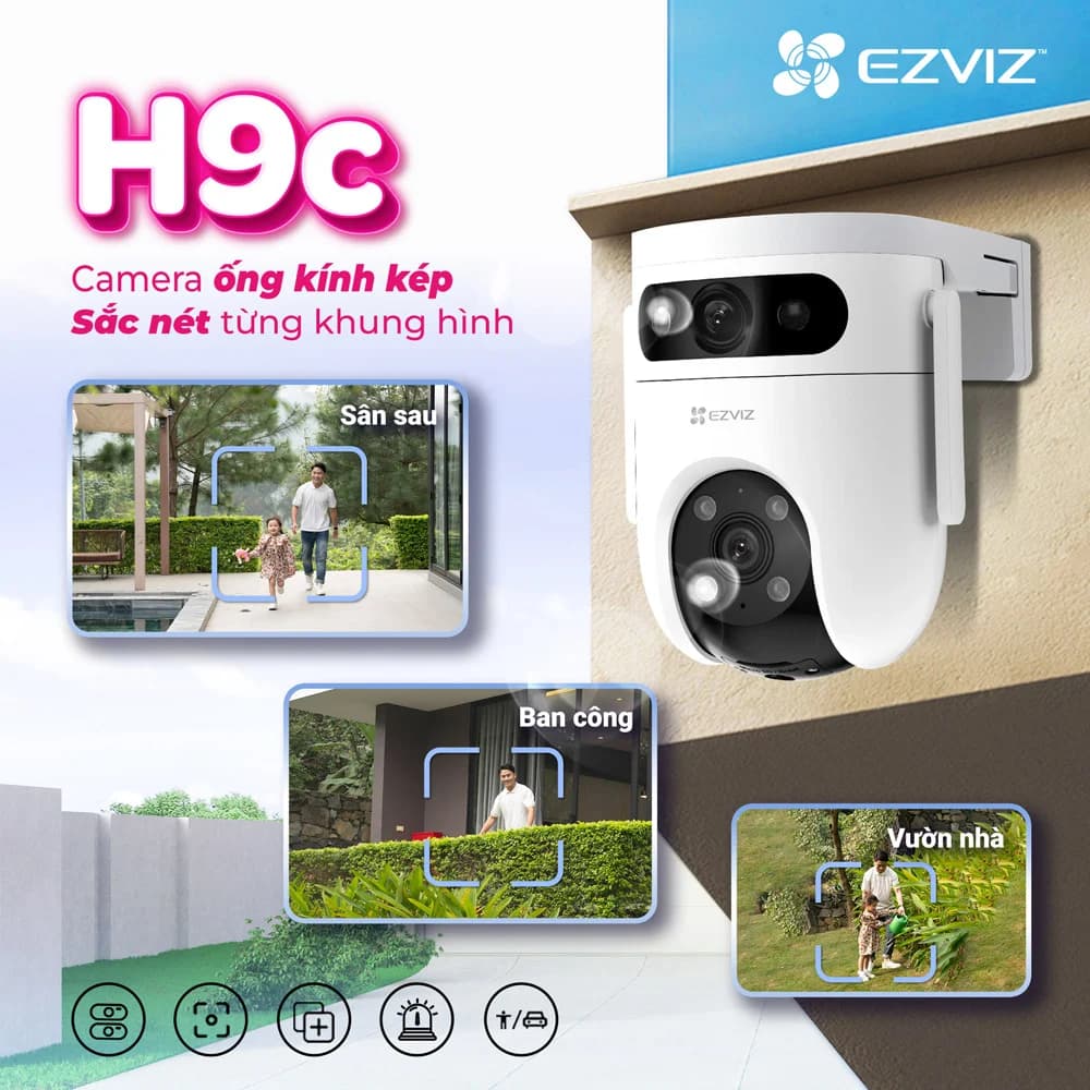 Camera EZVIZ IP H9C 2 mắt (5MP+5MP, Color, Xoay, Đàm thoại), phát hiện người / phương tiện AI, tầm nhìn 30m, cảnh báo còi + đèn