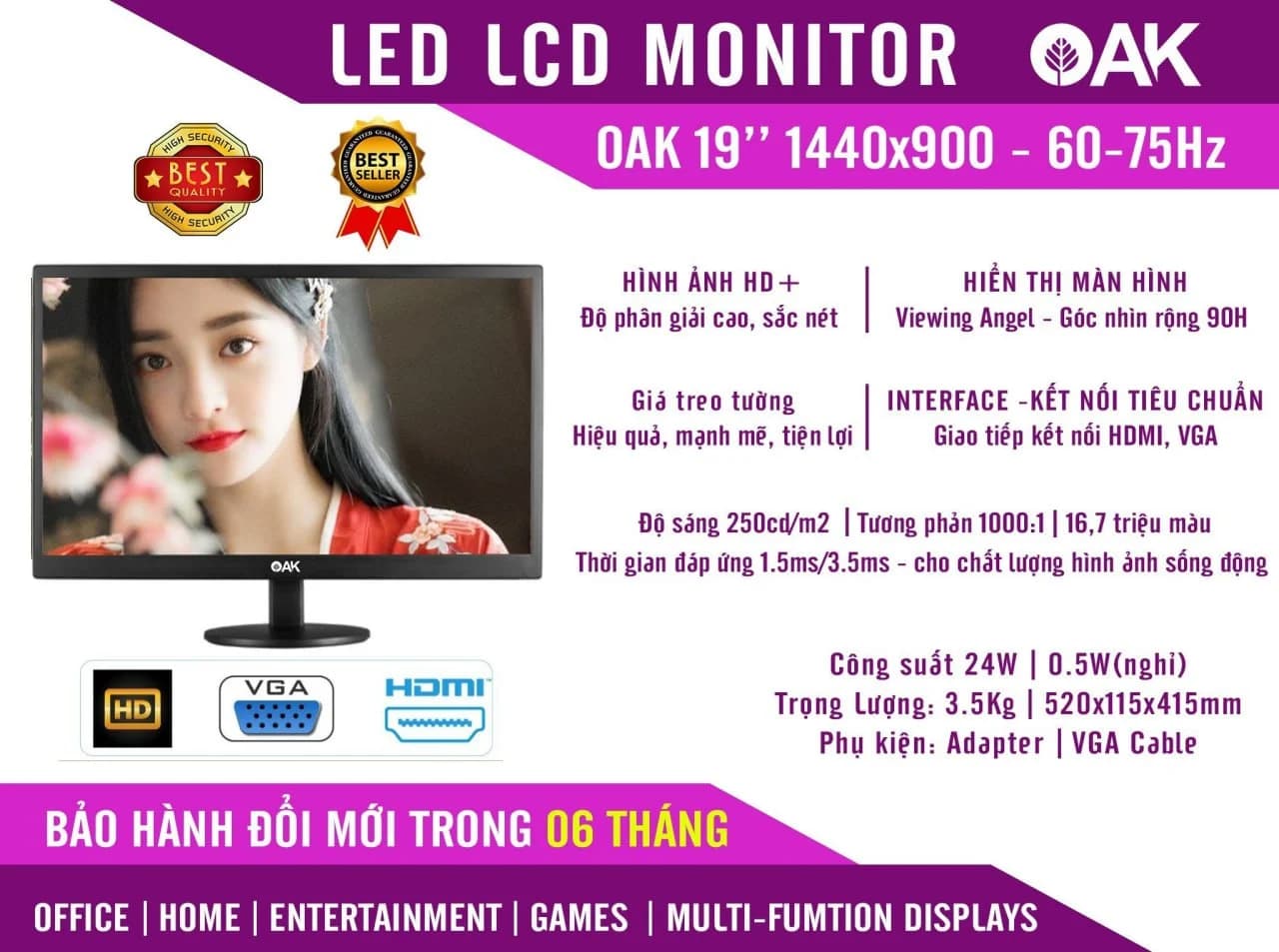 LCD 19'' OAK Chính Hãng (LED - VGA, HDMI, 1440x900, 60Hz, Kèm Cáp HDMI, Treo Tường)