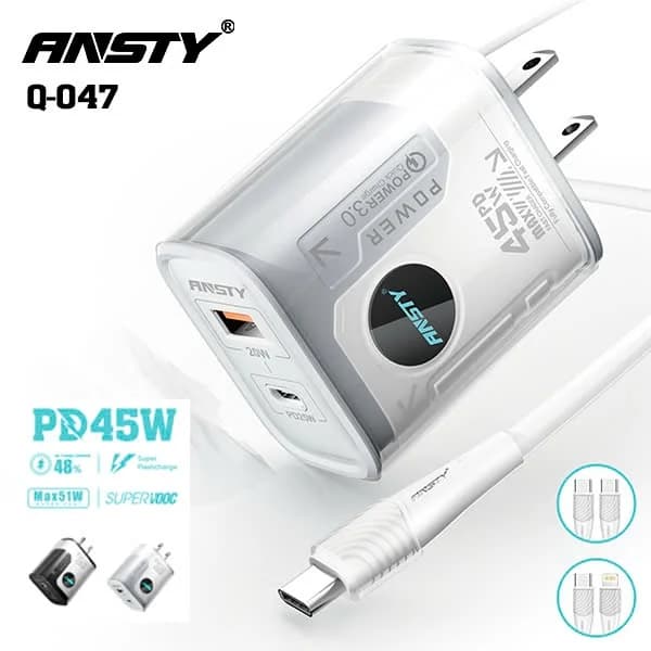 Cóc Sạc Nhanh ANSTY Q047 2 Cổng Usb + Typec Đèn Led 45w
