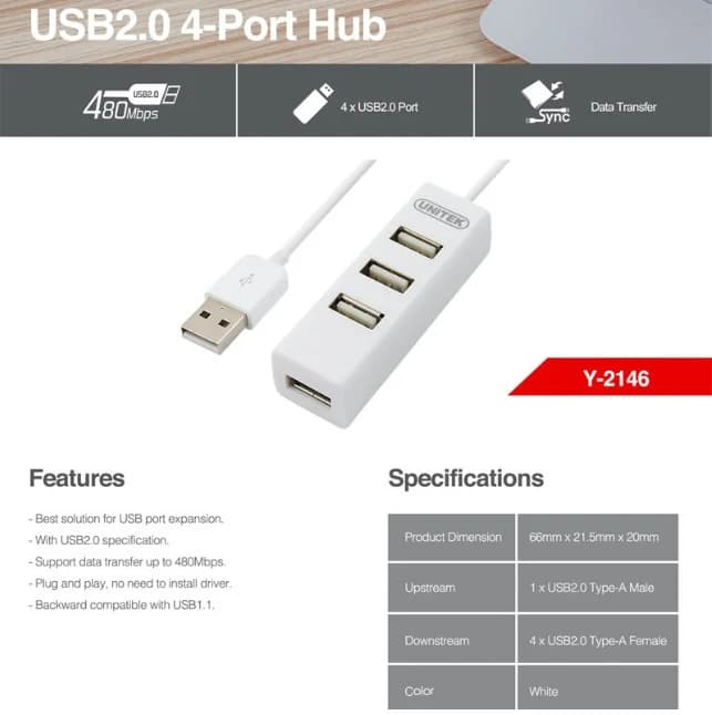 Hub USB 2.0 4P Unitek (Y2146) *** BH 12T