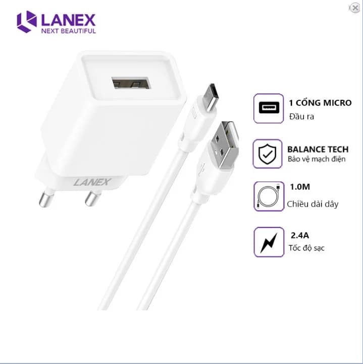 Bộ Sạc Nhanh 1 Cổng Usb Micro 20w Lanex LC01M (1m) *** BH 3T