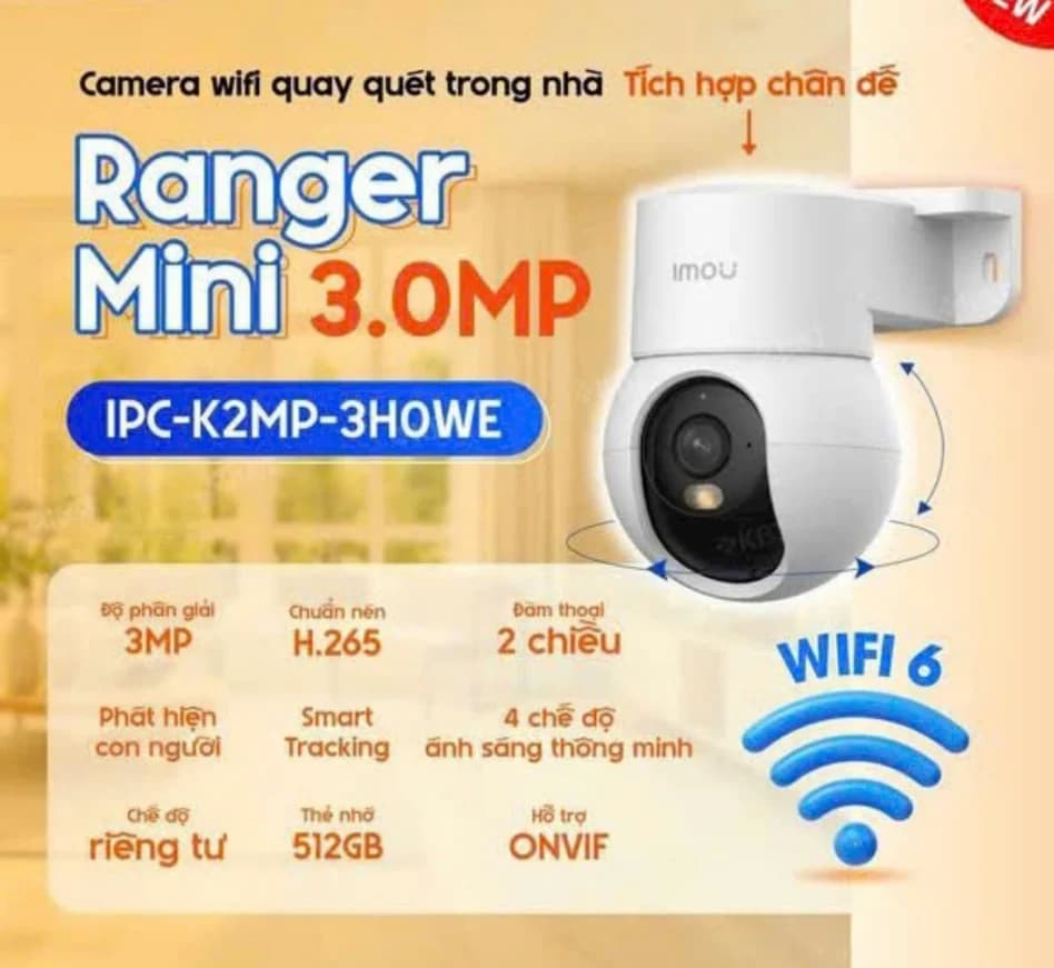 Camera IMOU Wifi 3.0MP IPC-K2MP-3H1WE (Mini, Xoay, Color, Đàm thoại), H.265; hồng ngoại/ánh sáng vàng: 10m; Zoom số 8x, 20fps; phát hiện người, âm thanh bất thường, chuyển động, cấu hình khu vực, Smart Tracking; thẻ nhớ Micro SD; Tích hợp WiFi 6 (IEEE802.11b/g/n/ax), hỗ trợ ONVIF, LAN
