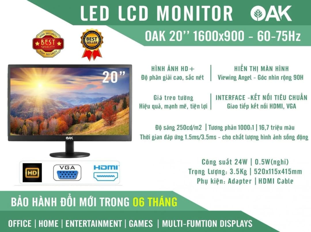 LCD 20'' OAK Chính Hãng (LED - VGA, HDMI, 1600x900, 60Hz, Kèm Cáp HDMI)