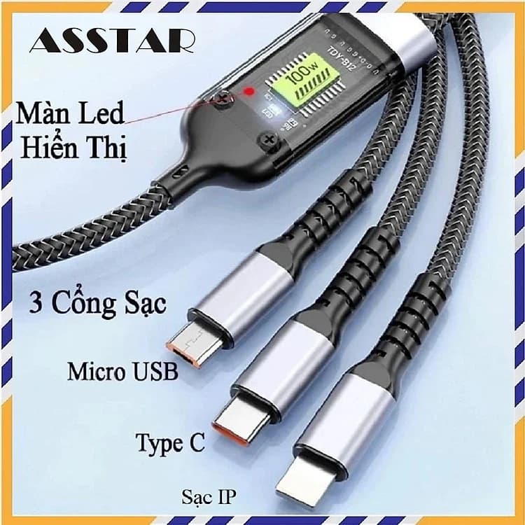 Cáp Sạc Nhanh Ansty S051 Dây Silicon 3 In 1 Có Led 100w 1.2m