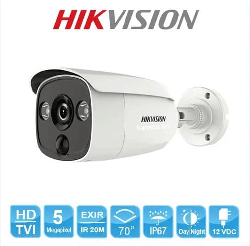 Camera HIK DS-2CE12H0T-PIRL, 5MP Thân, hồng ngoại + đèn 20 mét, Lens 3,6mm, Cảm biến chuyển động PIR (11m), ngoài trời *** BH 24T