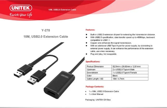 Cable Usb Nối Dài 10m Unitek (Y278) *** BH 6T