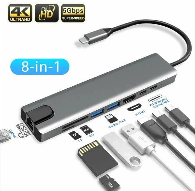 HUB TYPE-C To HDTV 8 IN 1 (HDTV+PD+2USB+TYPE-C+SD+TF+RJ45) *** BH 6T