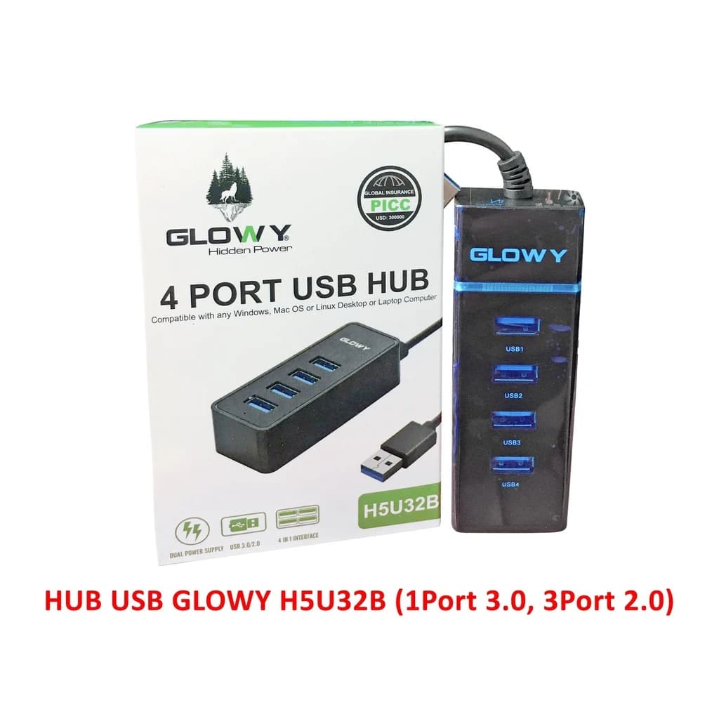 Hub USB 4 Port Glowy H5U32B (1 Port 3.0, 3 Port 2.0)